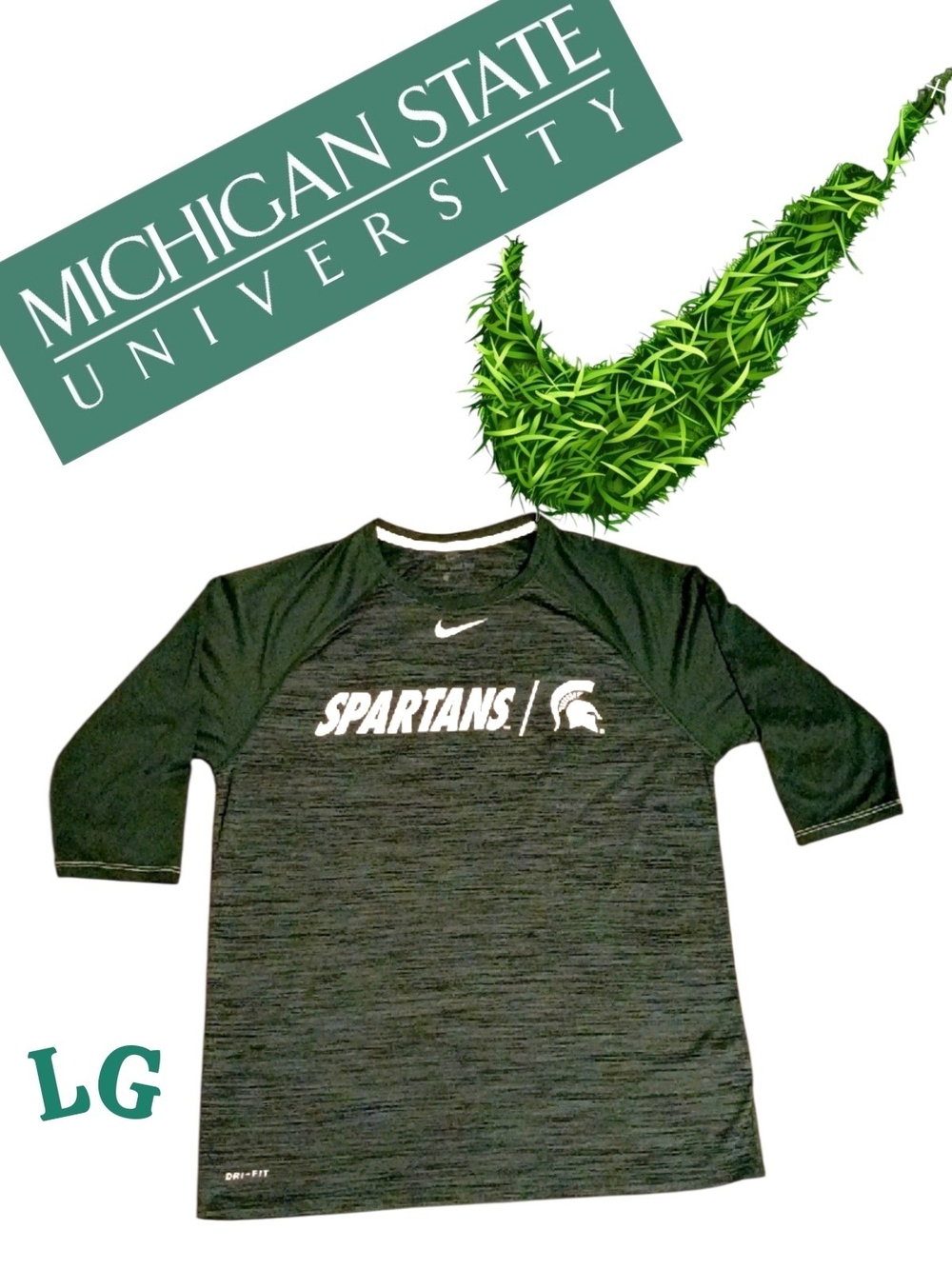 NWOT Nike Black & Heather Green Spartans Raglan Tee Sz. LG
